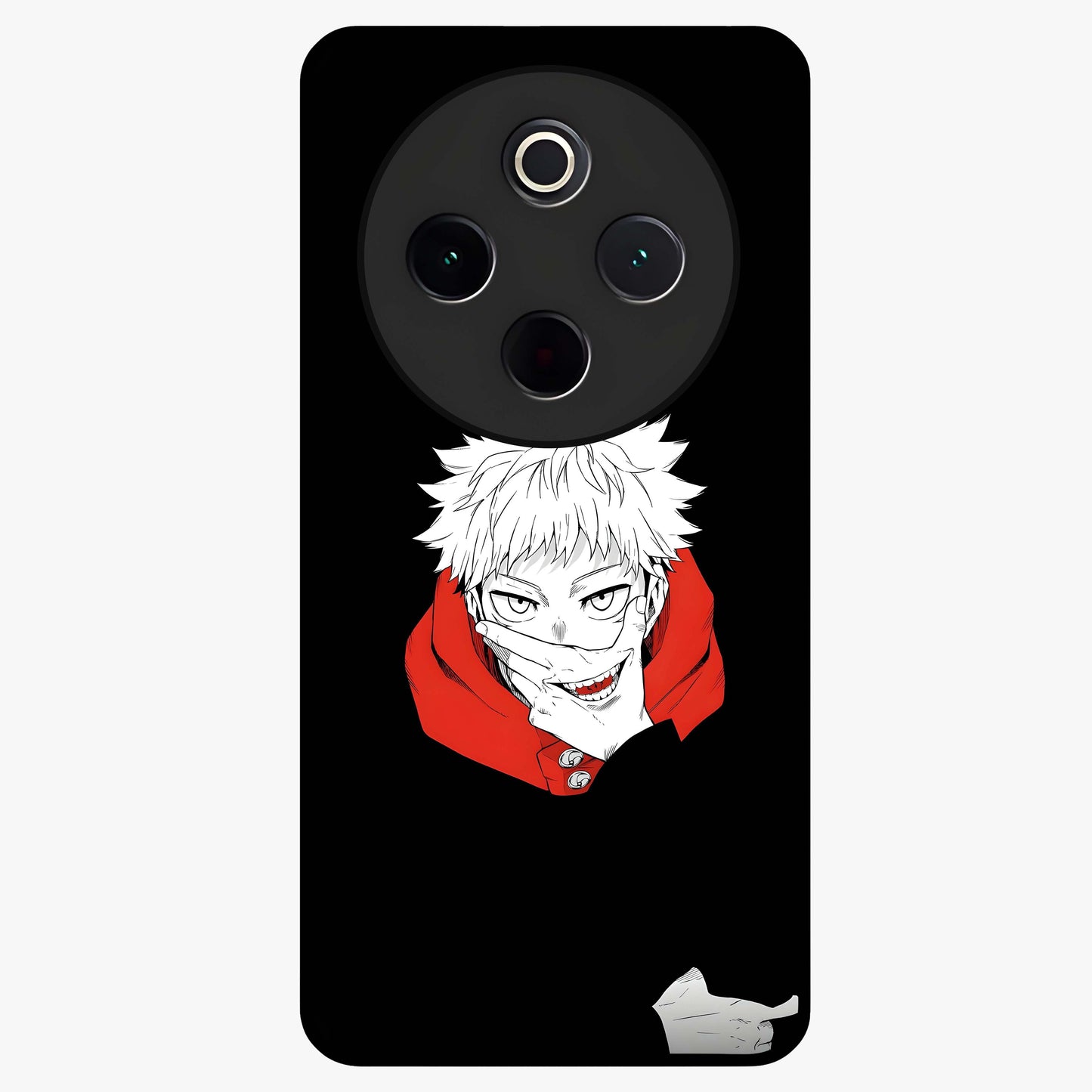 Crimson Chaos Smile Glass Case showing flat back view with bold chaotic smile artwork and glossy glass finish.