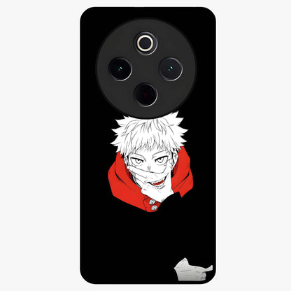 Crimson Chaos Smile Glass Case showing flat back view with bold chaotic smile artwork and glossy glass finish.