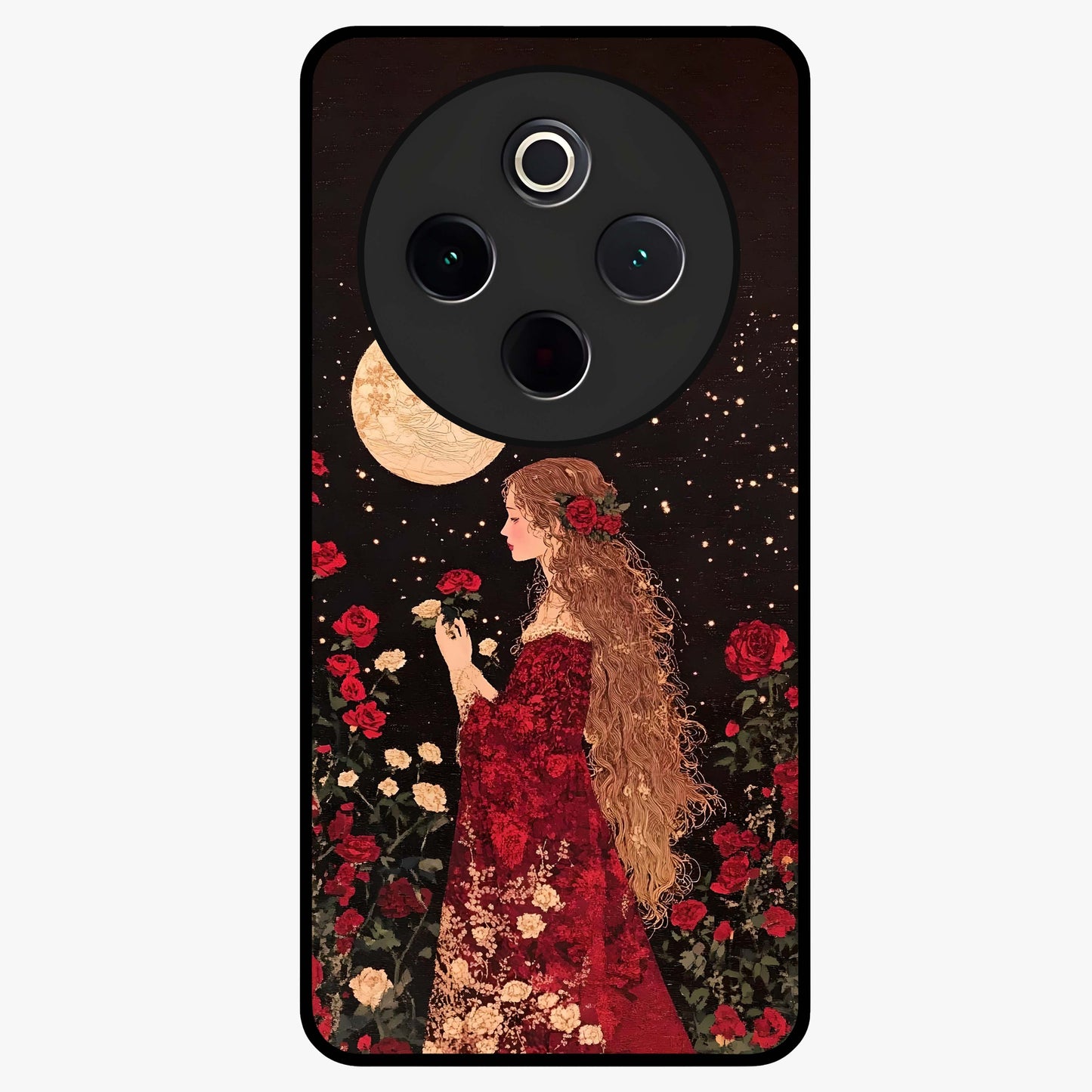 Crimson Dreams Glass Case showing flat back view with dreamy crimson artwork and glossy glass finish.