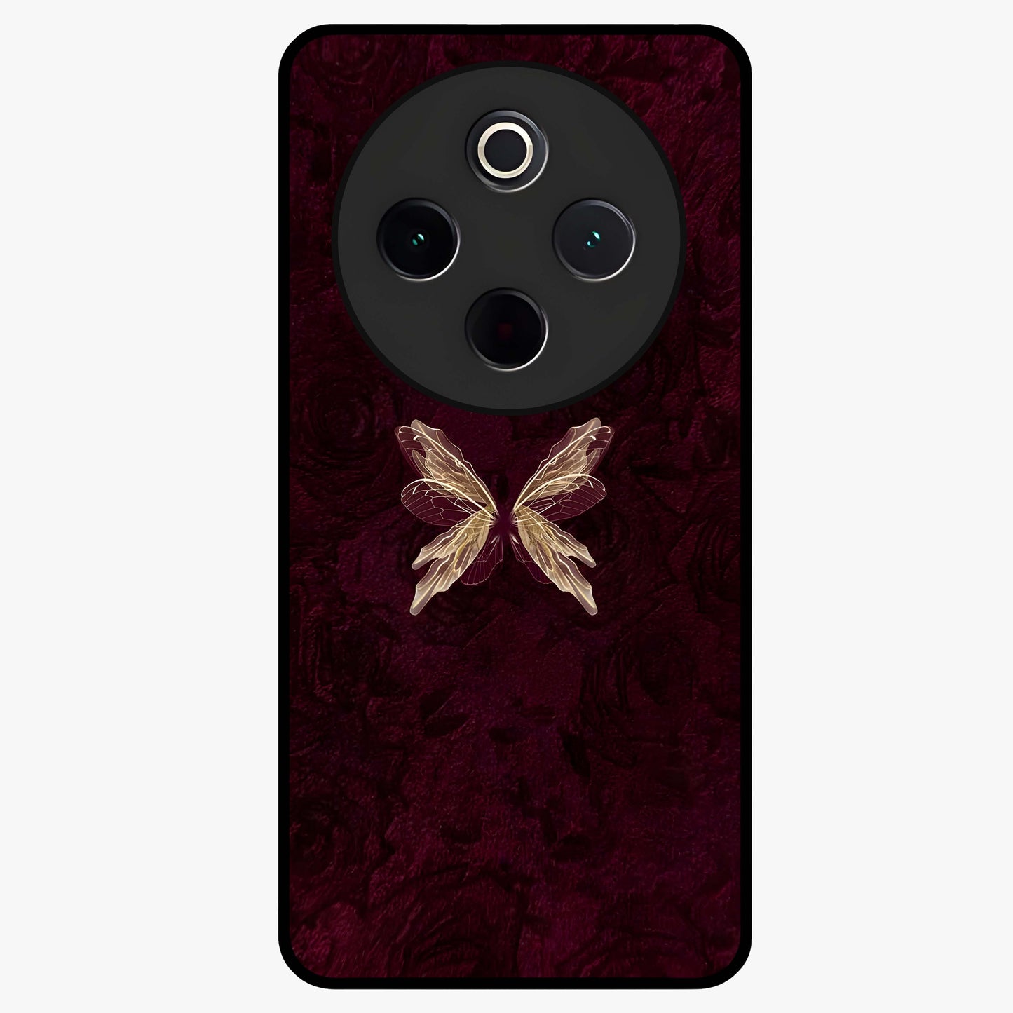 Crimson Fade Butterfly Glass Case showing flat back view with fading butterfly artwork and glossy glass finish.