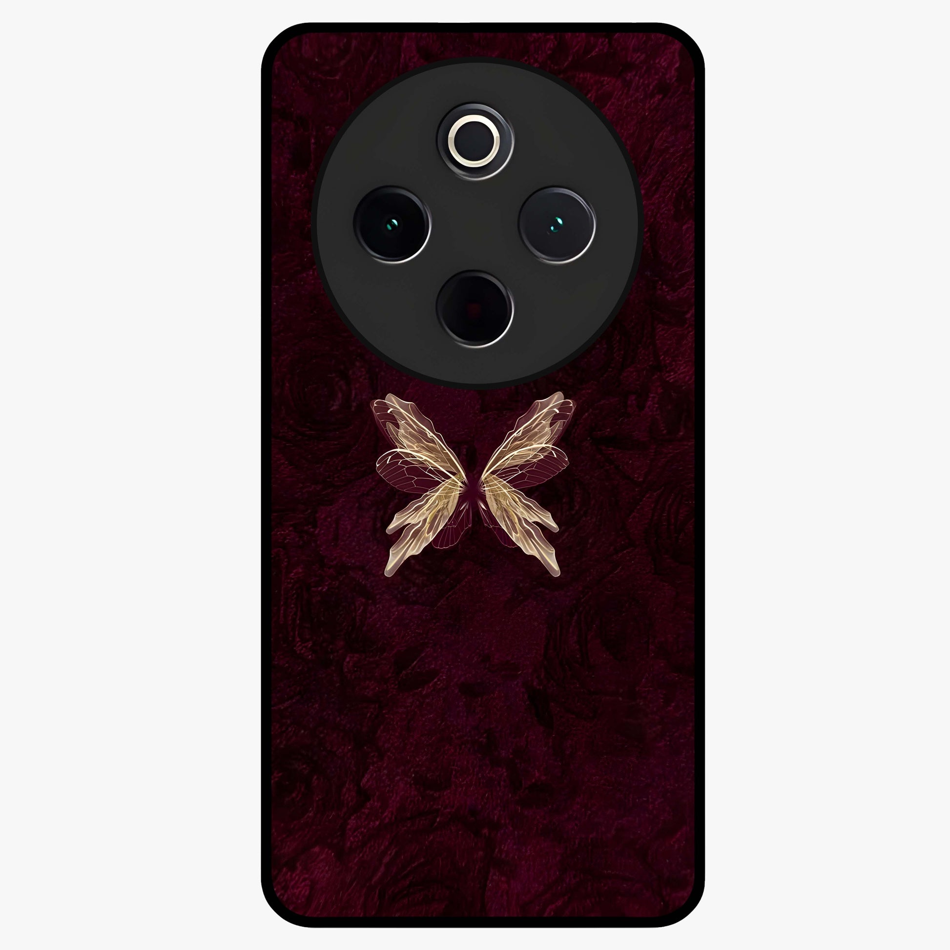 Crimson Fade Butterfly Glass Case showing flat back view with fading butterfly artwork and glossy glass finish.