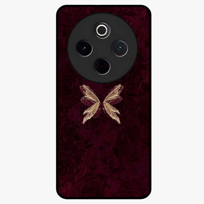 Crimson Fade Butterfly Glass Case showing flat back view with fading butterfly artwork and glossy glass finish.