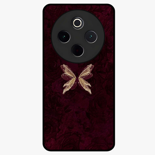 Crimson Fade Butterfly Glass Case showing flat back view with fading butterfly artwork and glossy glass finish.