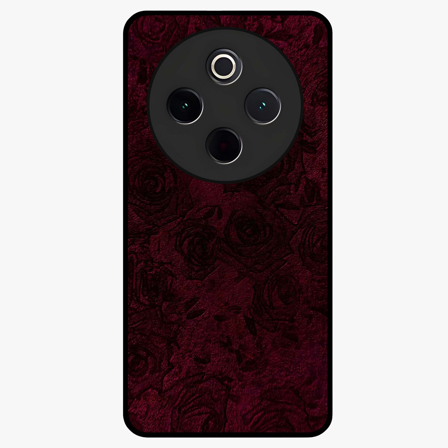 Crimson Fade Flow Glass Case showing flat back view with flowing crimson gradient artwork and glossy glass finish.