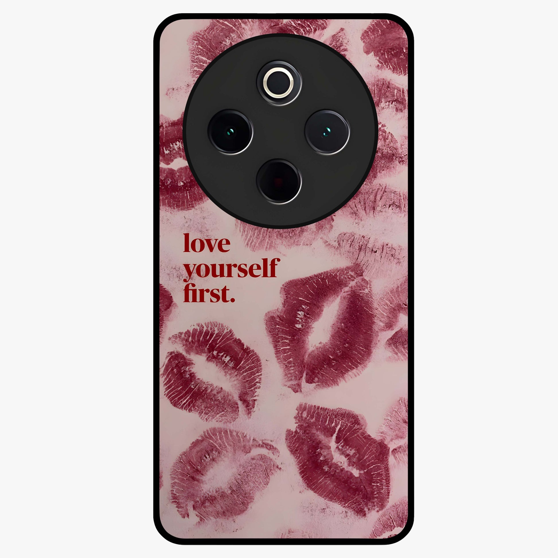 Crimson Kiss Love Glass Case showing flat back view with romantic crimson themed artwork and glossy glass finish.