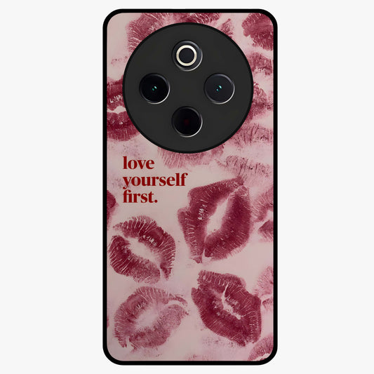 Crimson Kiss Love Glass Case showing flat back view with romantic crimson themed artwork and glossy glass finish.
