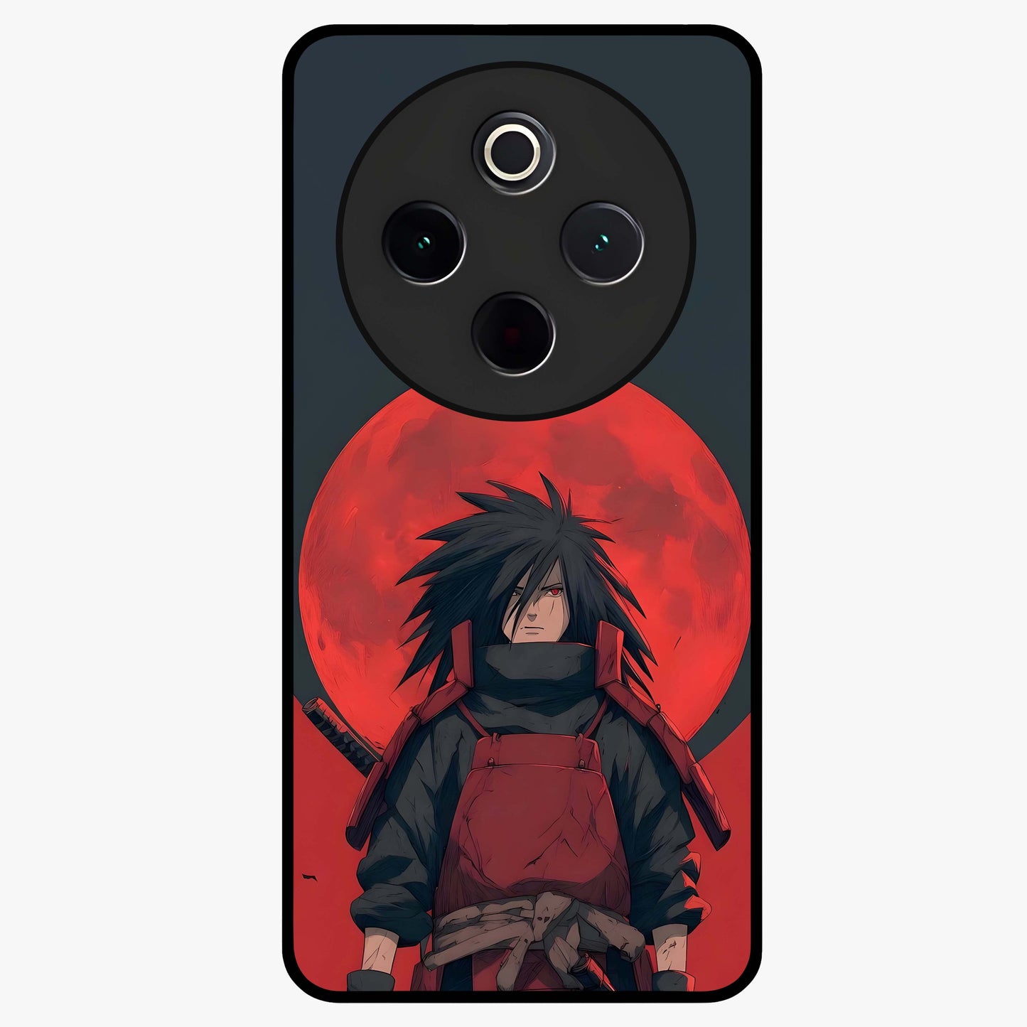 Crimson Moon Warlord Glass Case showing flat back view with mystical moon warrior artwork and glossy glass finish.