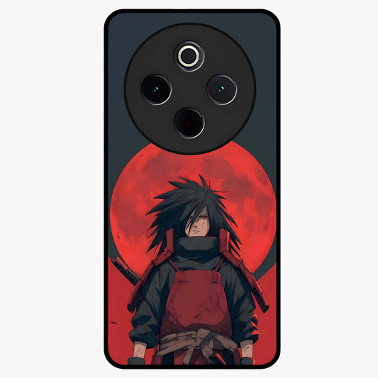 Crimson Moon Warlord Glass Case showing flat back view with mystical moon warrior artwork and glossy glass finish.