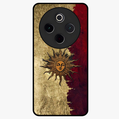 Crimson Sun Majesty Glass Case showing flat back view with radiant sun inspired artwork and glossy glass finish.
