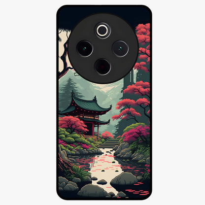 Crimson Temple View Glass Case showing flat back view with temple inspired artwork and glossy glass finish.