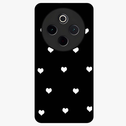 Cute And Simple White Hearts Glass Case showing flat back view with minimal white heart pattern and glossy glass finish.