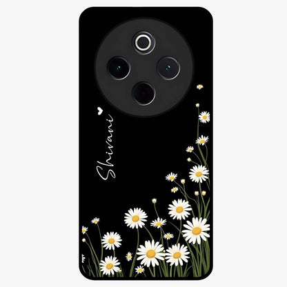 Daisy Cascade Custom Name Glass Case showing flat back view with cascading daisy flowers and personalized name design.