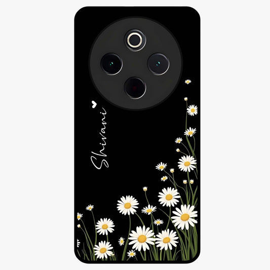 Daisy Cascade Custom Name Glass Case showing flat back view with cascading daisy flowers and personalized name design.