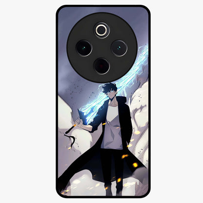 Dark Lightning Anime Warrior Glass Case showing flat back view with intense anime warrior artwork and glossy glass finish.