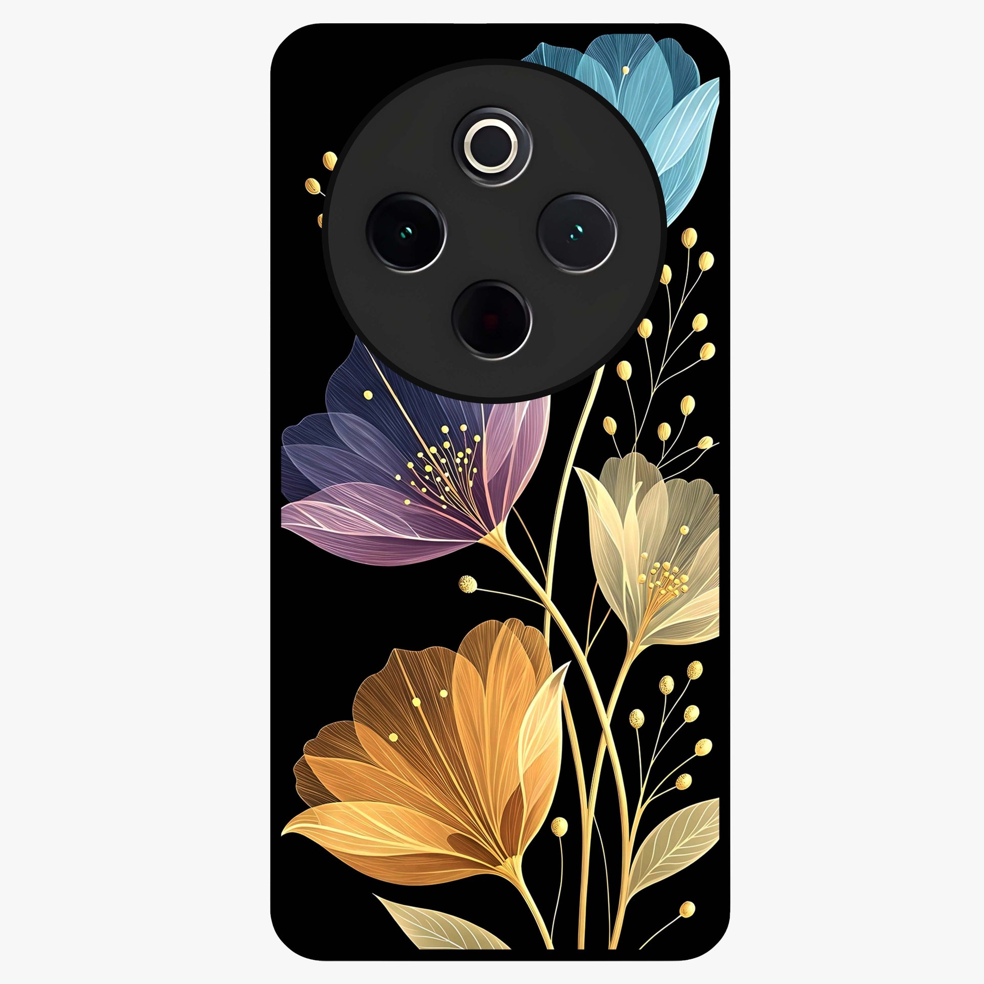 Delicate Multicolor Flowers Glass Case showing flat back view with vibrant floral artwork and glossy glass finish.