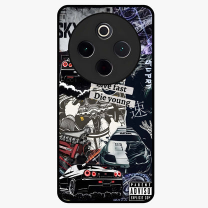 Die Young Glass Case showing flat back view with bold artistic typography design and glossy glass finish.