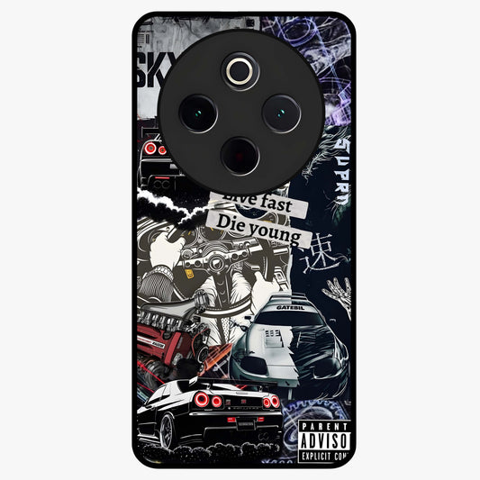 Die Young Glass Case showing flat back view with bold artistic typography design and glossy glass finish.