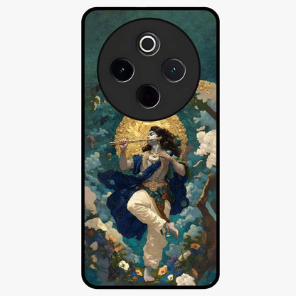 Divine Krishna Art Glass Case showing flat back view with Lord Krishna artwork and glossy glass finish.