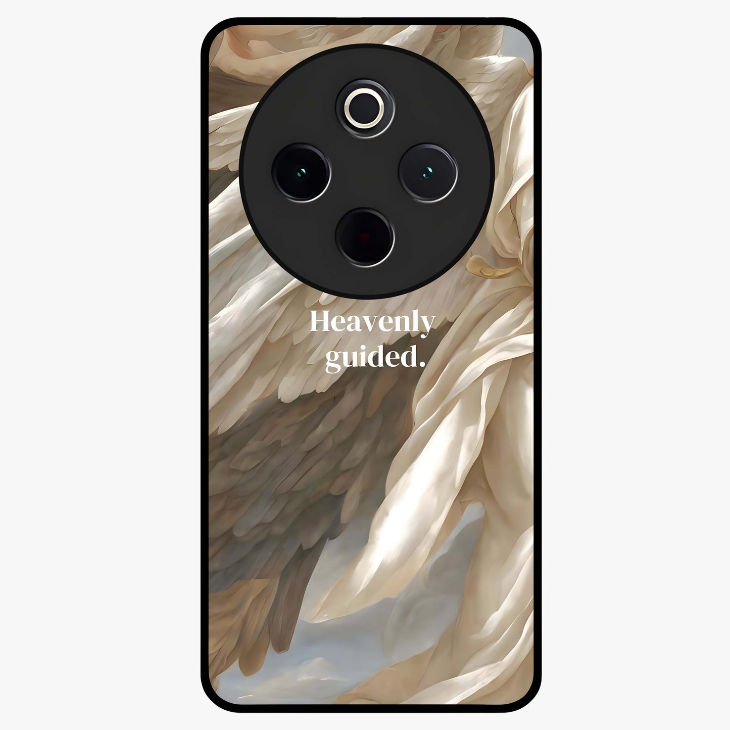 Divine Winged Grace Glass Case showing flat back view with elegant wing inspired artwork and glossy glass finish.