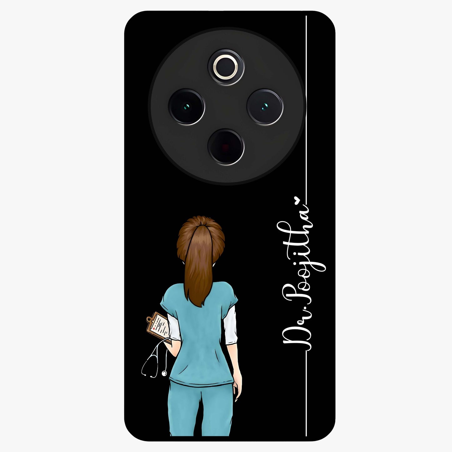 Doctor Pattern Custom Name Glass Case showing flat back view with medical themed pattern and personalized name design.