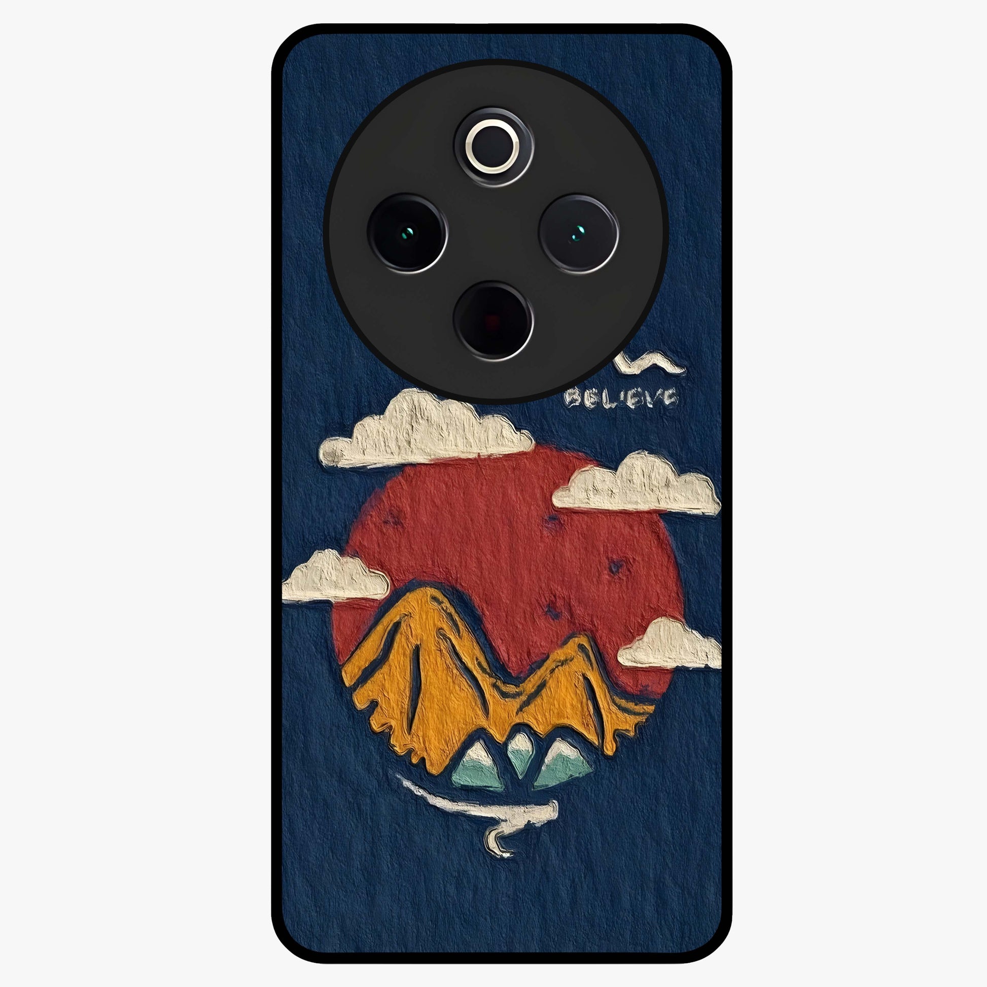 Dream Beyond Mountains Glass Case showing flat back view with scenic mountain landscape artwork and glossy glass finish.