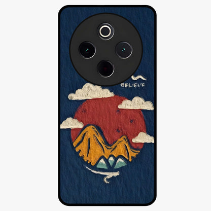 Dream Beyond Mountains Glass Case showing flat back view with scenic mountain landscape artwork and glossy glass finish.