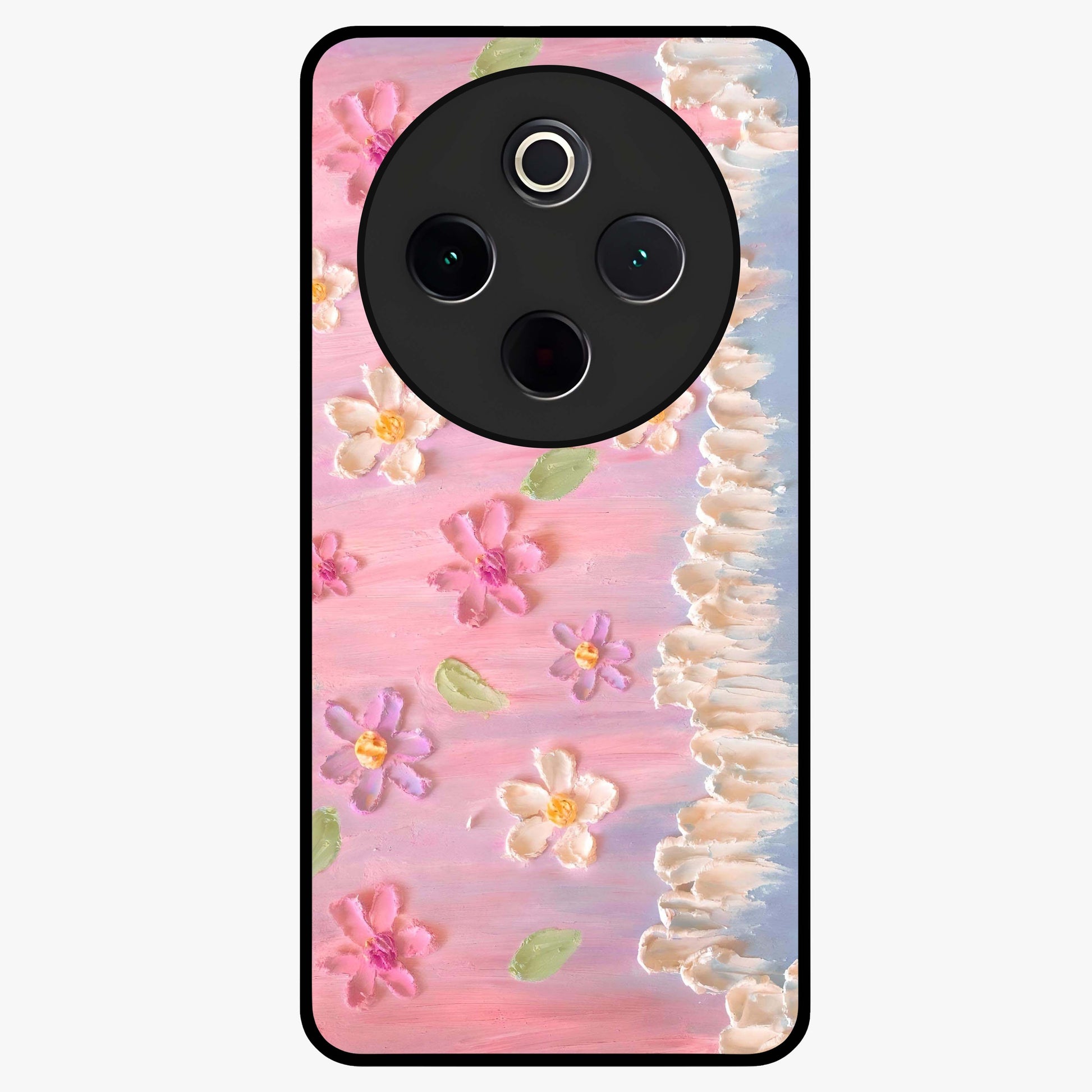 Dreamy Painted Garden Glass Case showing flat back view with artistic painted floral garden artwork and glossy glass finish.