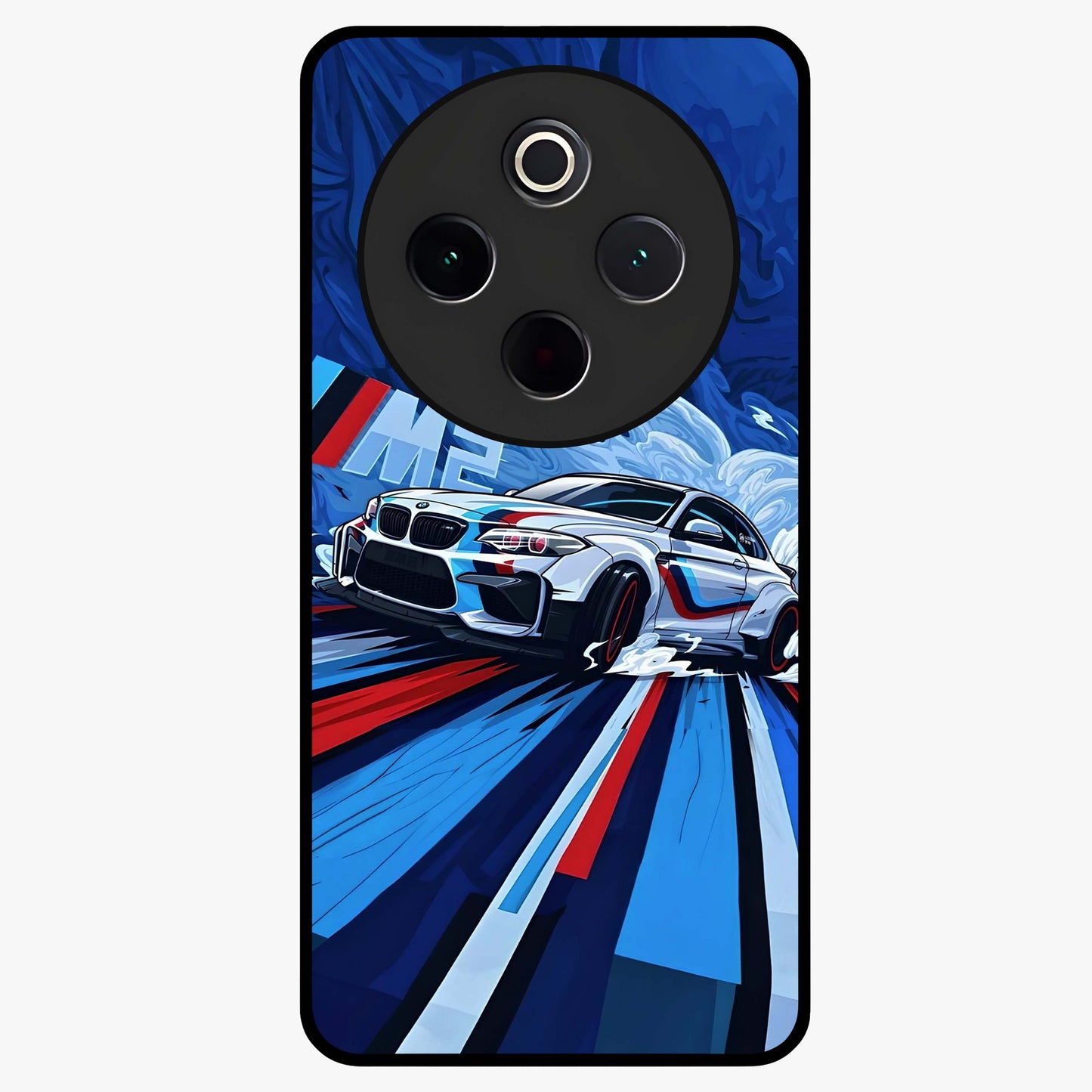 Drift Power Rush Glass Case showing flat back view with dynamic racing inspired artwork and glossy glass finish.