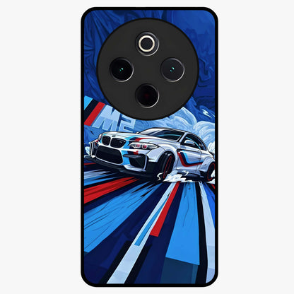 Drift Power Rush Glass Case showing flat back view with dynamic racing inspired artwork and glossy glass finish.