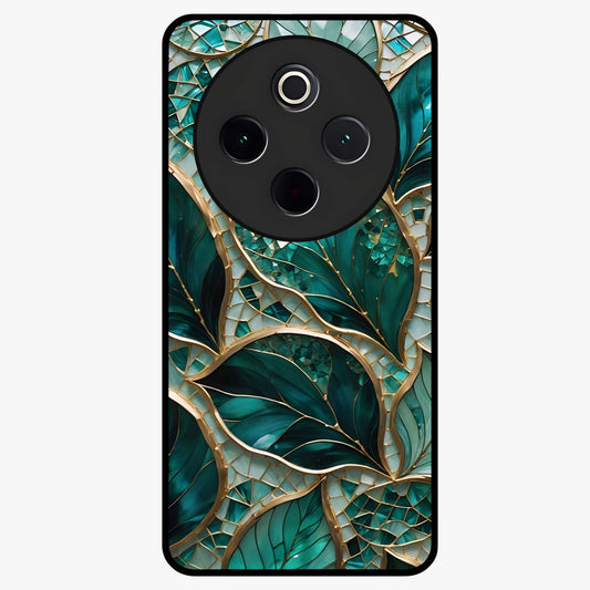 Emerald Leaf Glass Glass Case showing flat back view with emerald green leaf artwork and glossy glass finish.