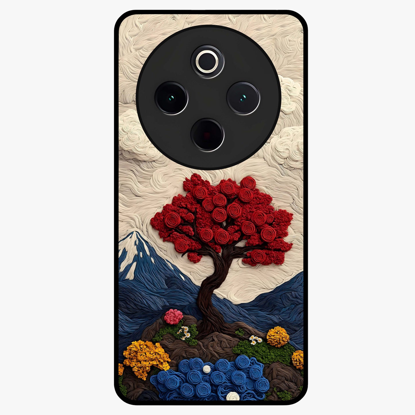 Eternal Nature Tapestry Glass Case showing flat back view with intricate nature tapestry artwork and glossy glass finish.