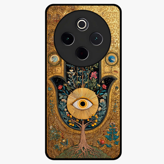 Ethereal Evil Eye Glass Case showing flat back view with mystical evil eye artwork and glossy glass finish.