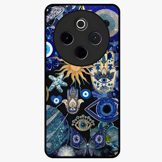 Evil Eye Charm Mix Glass Case showing flat back view with multiple evil eye charms artwork and glossy glass finish.