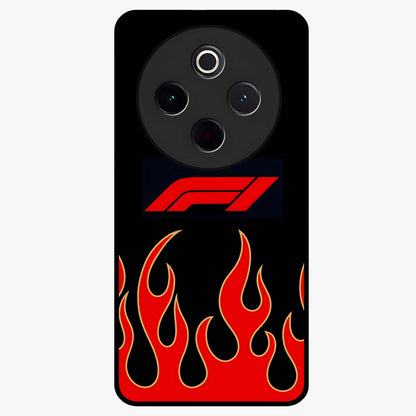 Fire F11 Glass Case showing flat back view with fiery themed artwork and glossy glass finish.