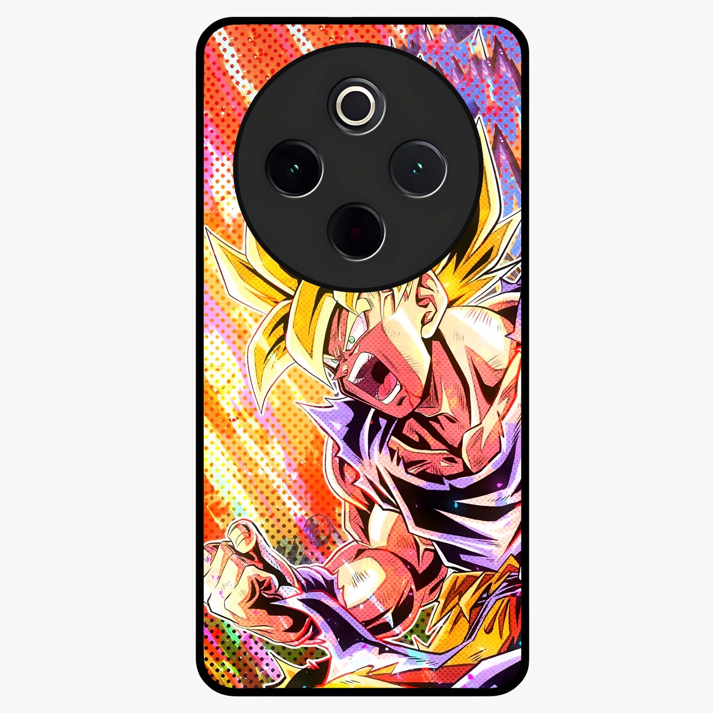 Firing Goku Glass Case showing flat back view with powerful anime inspired artwork and glossy glass finish.