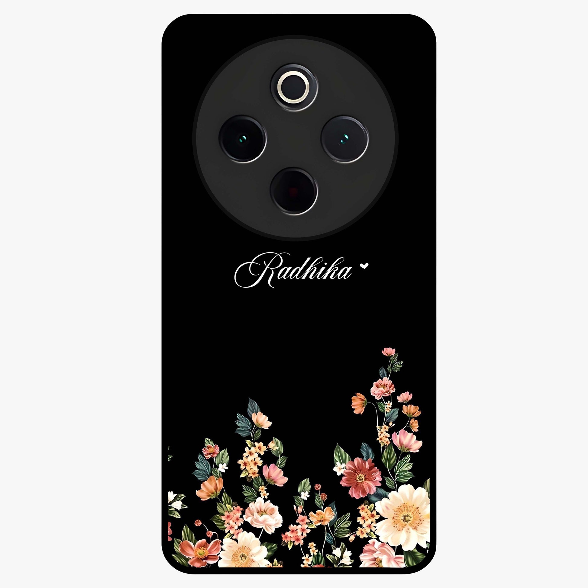 Floral Design With a Custom Personalized Name Glass Case showing flat back view with floral artwork and personalized name design.