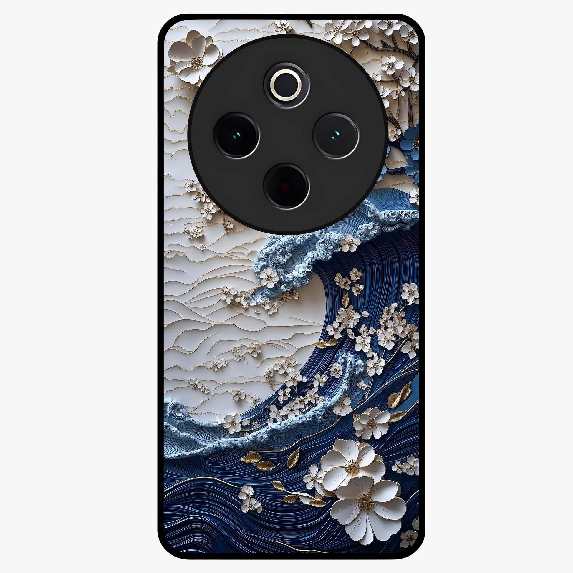 Floral Wave Origami Glass Case showing flat back view with origami inspired floral wave artwork and glossy glass finish.