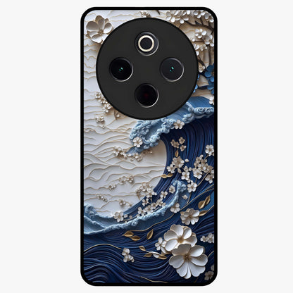 Floral Wave Origami Glass Case showing flat back view with origami inspired floral wave artwork and glossy glass finish.