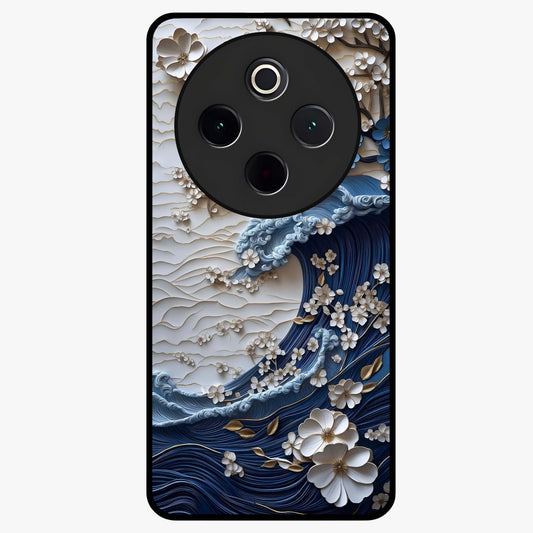 Floral Wave Origami Glass Case showing flat back view with origami inspired floral wave artwork and glossy glass finish.