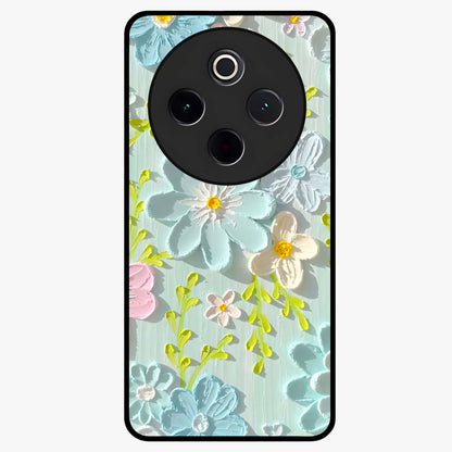 Frosted Petal Garden Glass Case showing flat back view with soft frosted floral artwork and glossy glass finish.