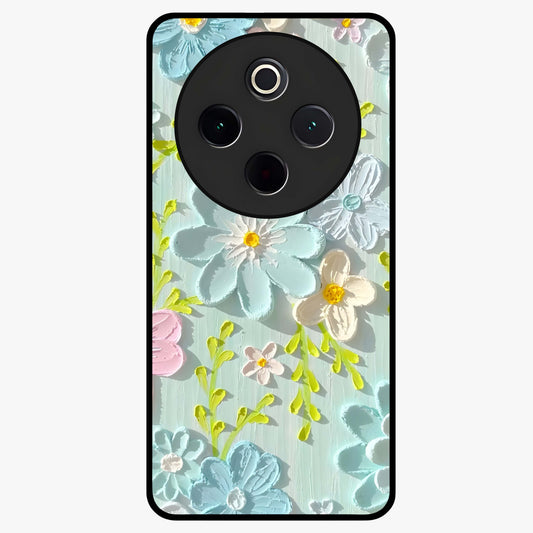 Frosted Petal Garden Glass Case showing flat back view with soft frosted floral artwork and glossy glass finish.