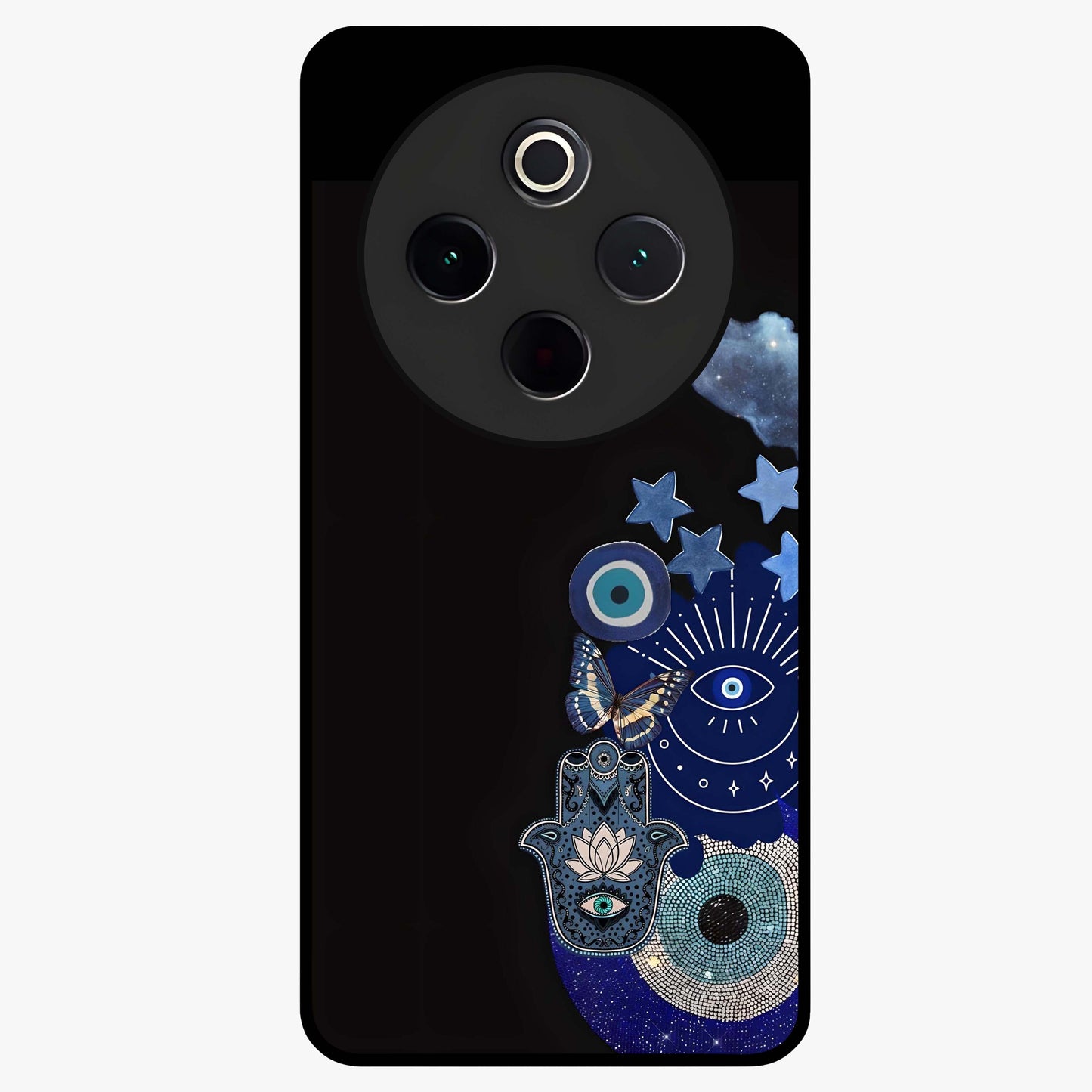 Galactic Charm Cluster Glass Case showing flat back view with glowing celestial charm artwork and glossy glass finish.