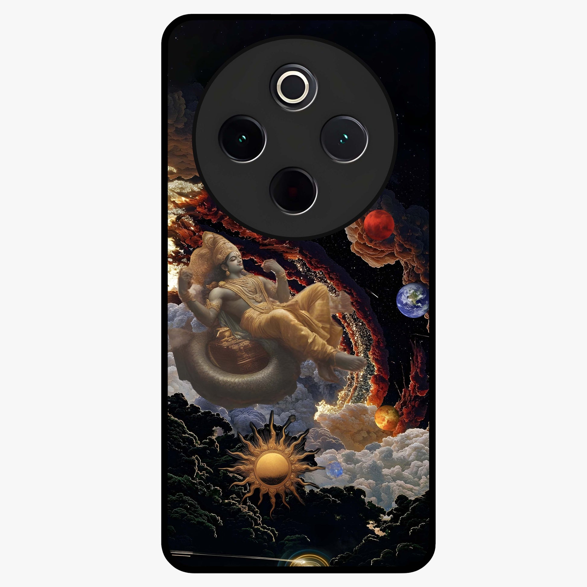 Galactic Divine God Glass Case showing flat back view with divine cosmic themed artwork and glossy glass finish.