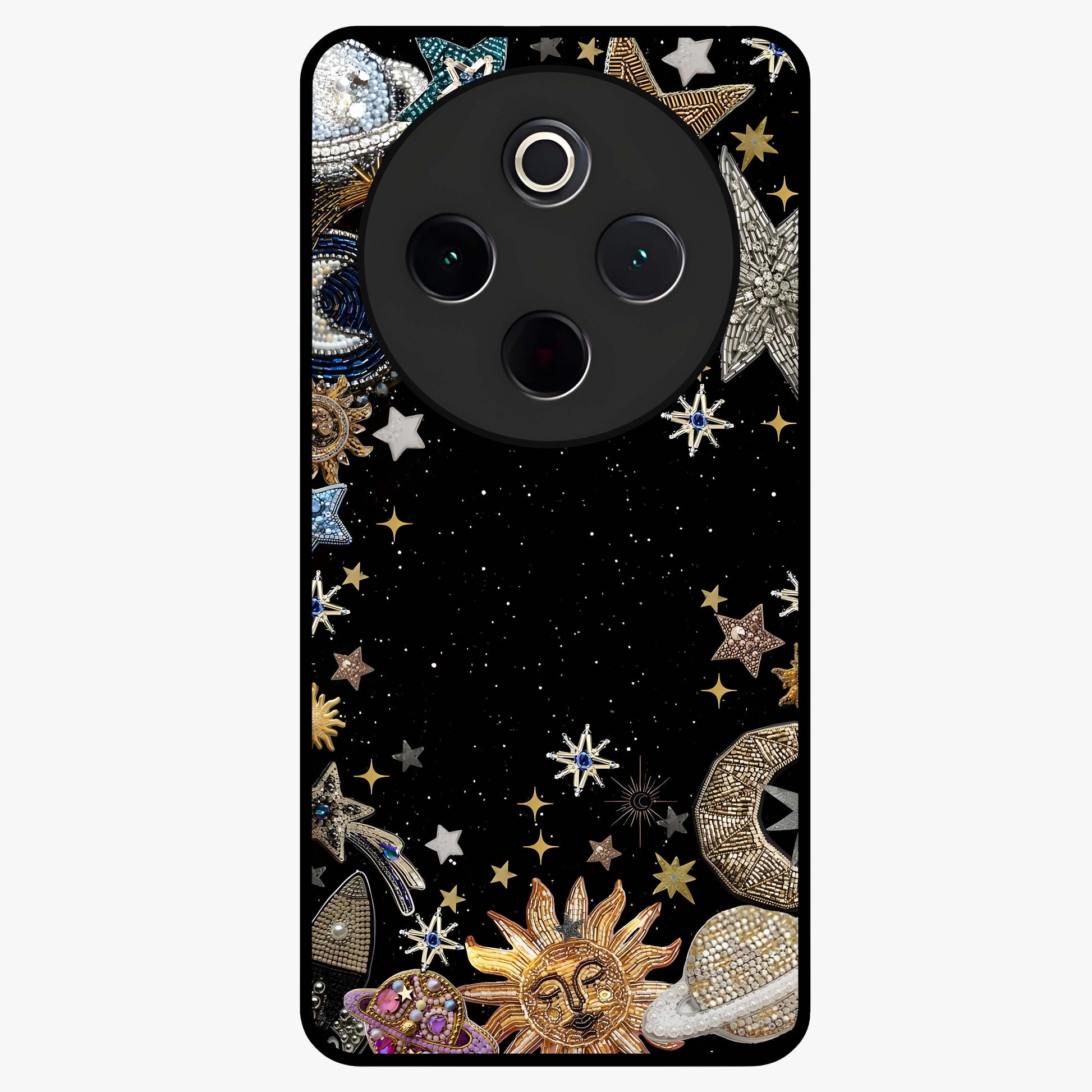 Galactic Jewel Stars Glass Case showing flat back view with sparkling star jewel artwork and glossy glass finish.