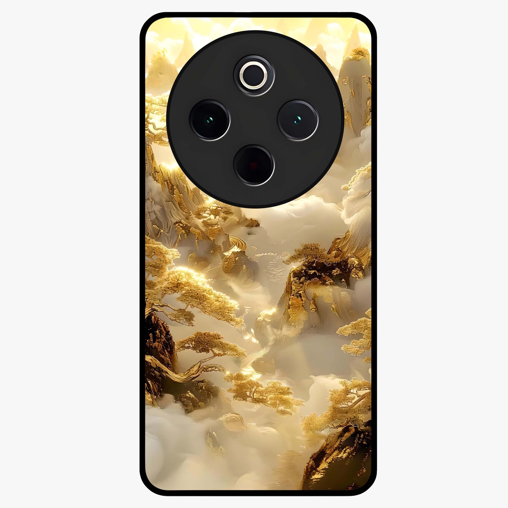Gates Of Illumination Glass Case showing flat back view with mystical illuminated gate artwork and glossy glass finish.