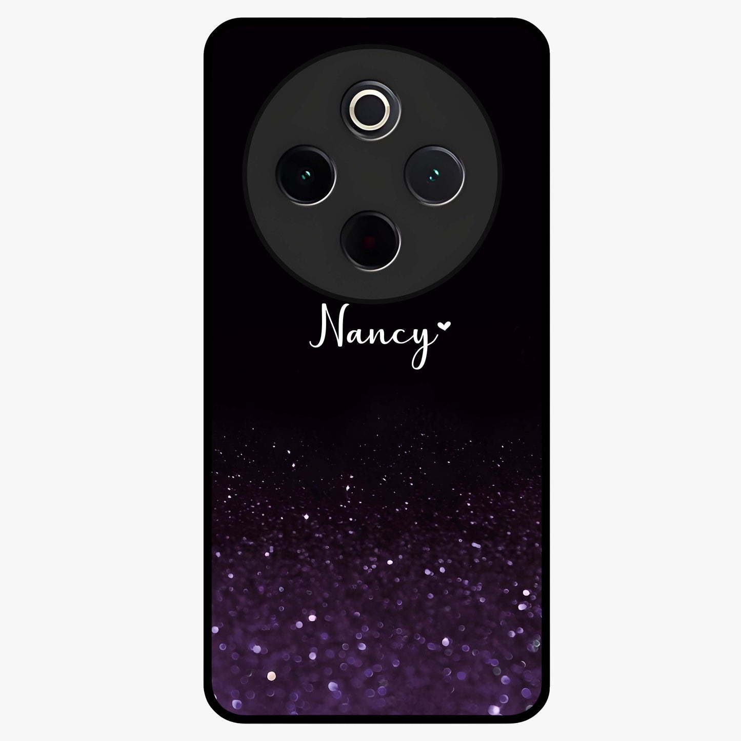 Glittery Purple Bokeh Custom Name Glass Case showing flat back view with purple bokeh sparkle artwork and personalized name design.