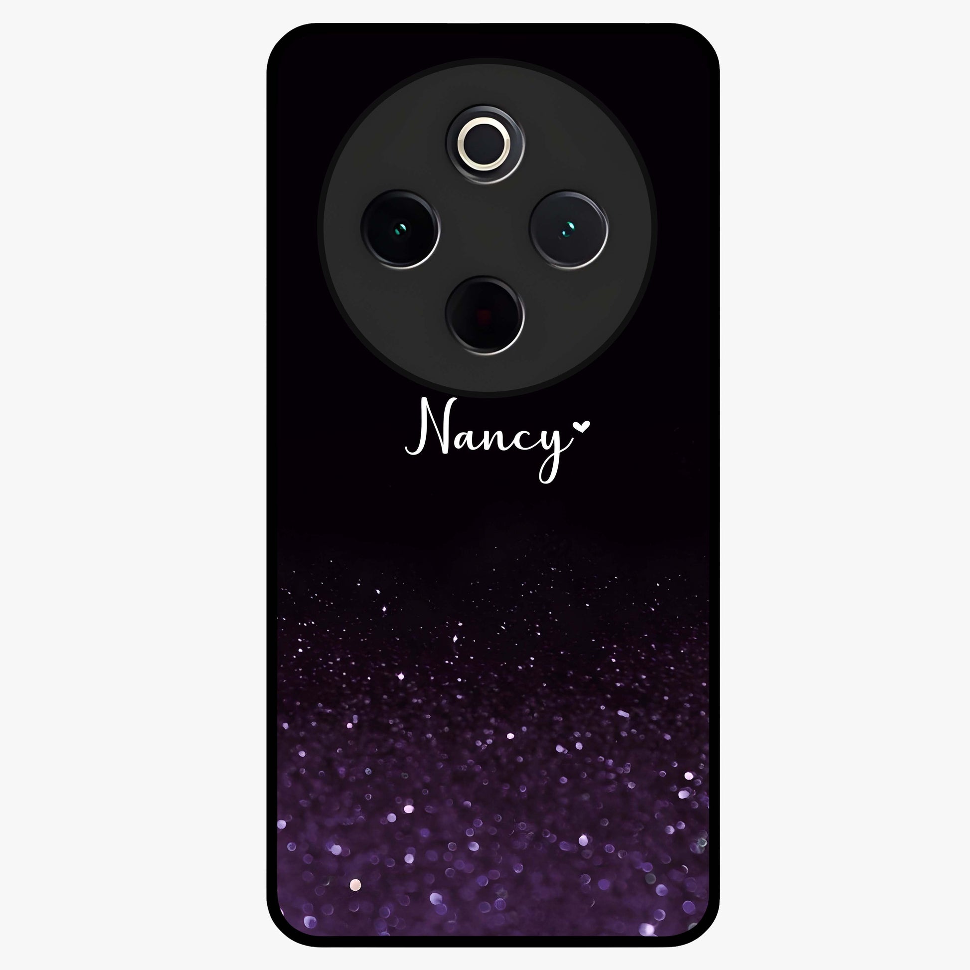 Glittery Purple Bokeh Custom Name Glass Case showing flat back view with purple bokeh sparkle artwork and personalized name design.