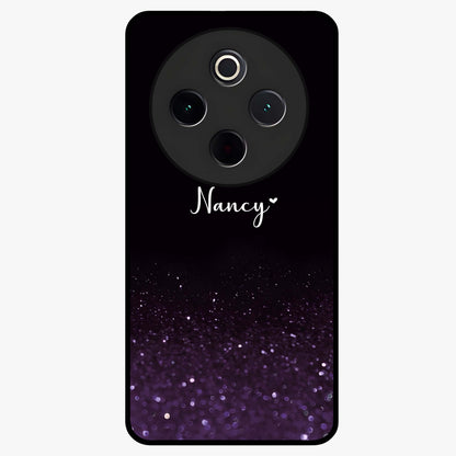 Glittery Purple Bokeh Custom Name Glass Case showing flat back view with purple bokeh sparkle artwork and personalized name design.