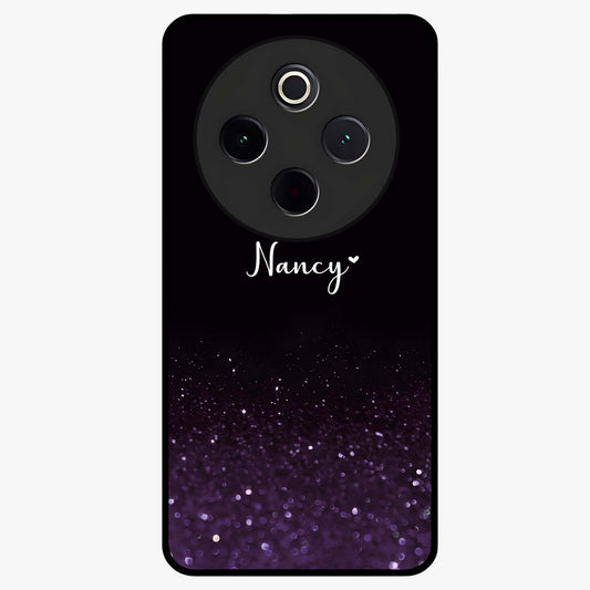 Glittery Purple Bokeh Custom Name Glass Case showing flat back view with purple bokeh sparkle artwork and personalized name design.