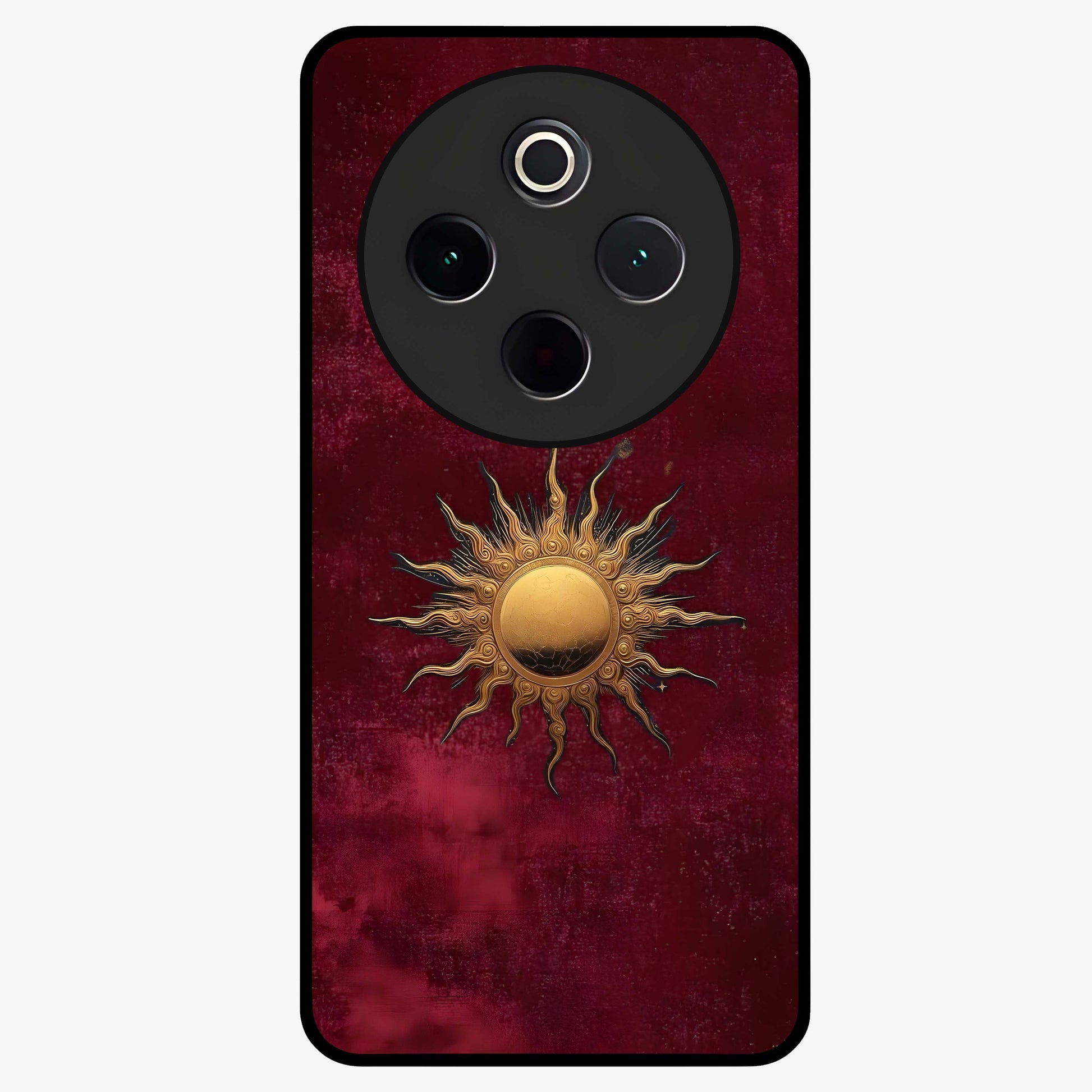 Gold Sun Blush Glass Case showing flat back view with golden sun inspired artwork and glossy glass finish.